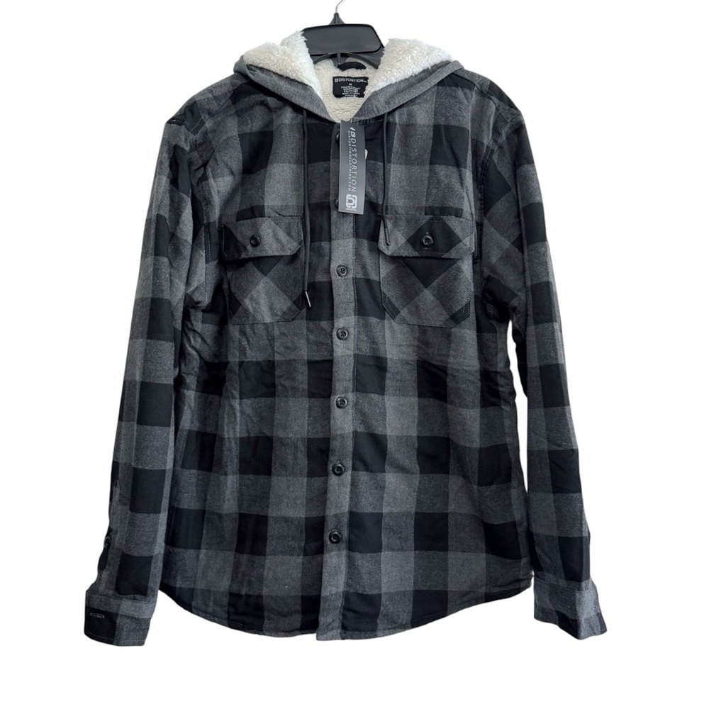 NWT Distortion Grey Buffalo Plaid Sherpa Lined Hooded Flannel Shacket Medium
